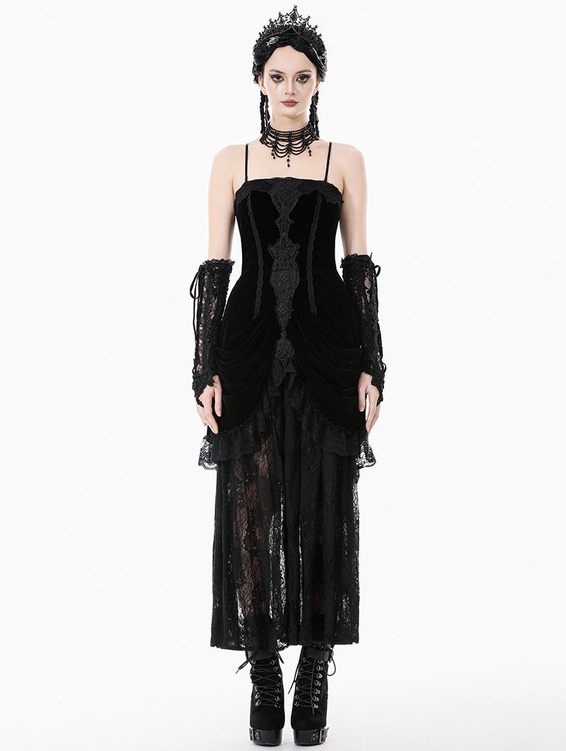 Black Gothic Embroidered Lace Velvet Bustier Long Dress