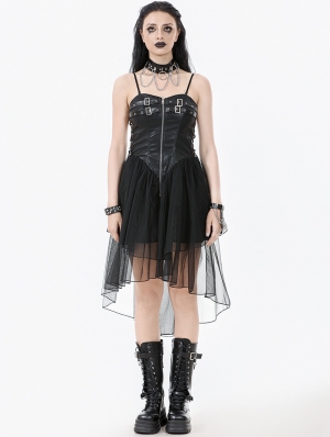 Black Gothic Punk Mesh Spliced Faux Leather Corset Dress