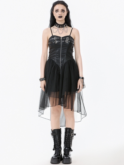 Black Gothic Punk Mesh Spliced Faux Leather Corset Dress