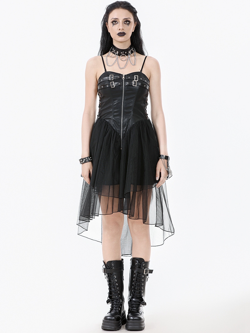 Black Gothic Punk Mesh Spliced Faux Leather Corset Dress