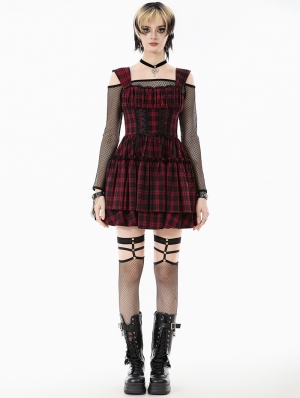 Red and Black Plaid Gothic Ruched Layered Short Dress