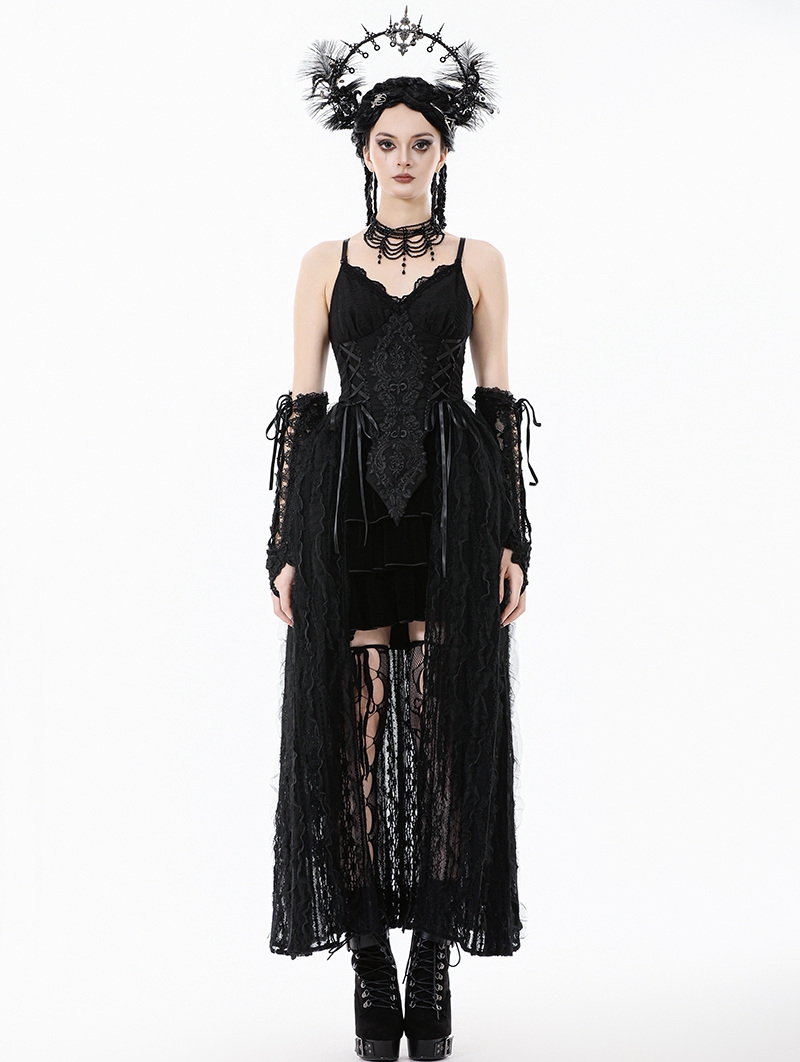 Black Romantic Gothic Irregular Lace Tail Dress