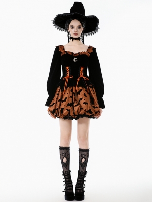 Brown and Black Gothic Midnight Bat Pumpkin Halloween Short Dress