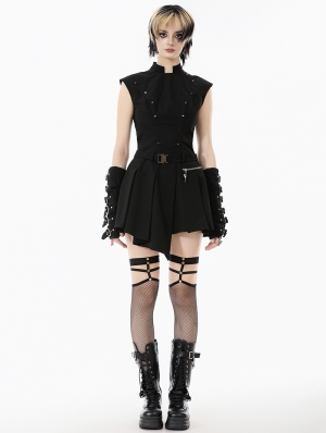 Black Gothic Punk Studded Asymmetrical Pleated Short Dress