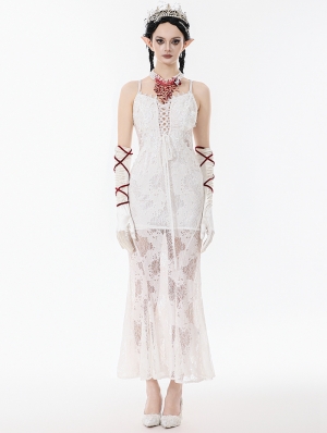 White Romantic Gothic Floral Lace Mermaid Maxi Dress