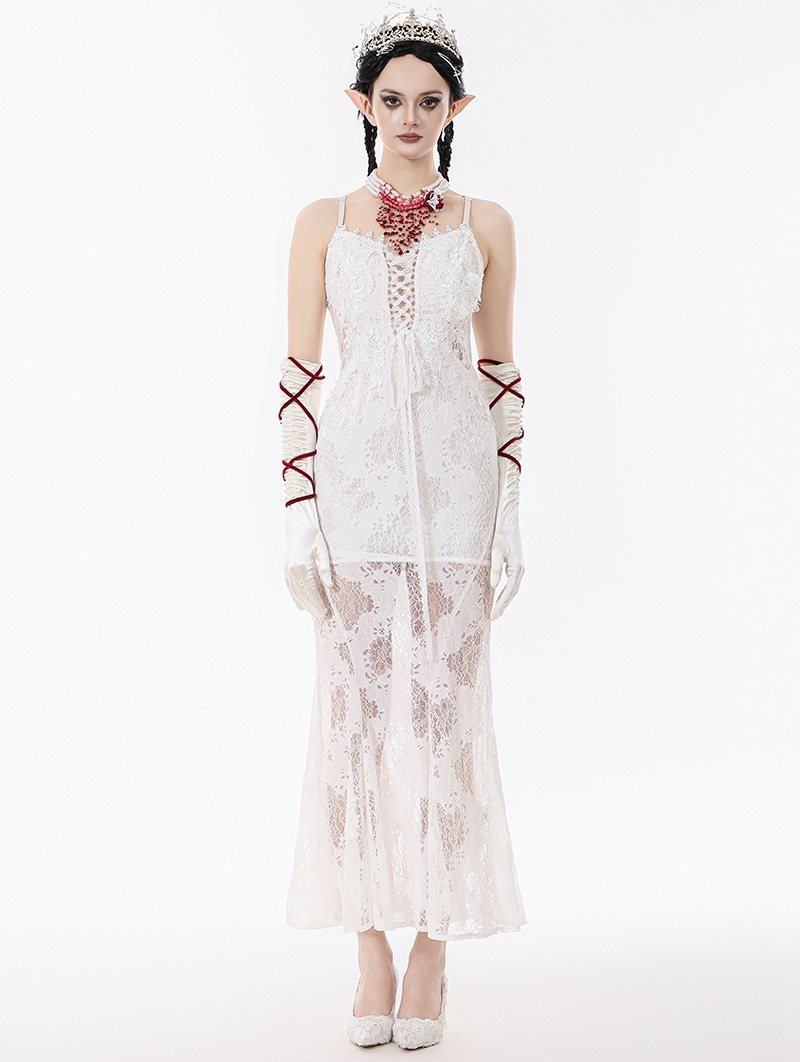 White Romantic Gothic Floral Lace Mermaid Maxi Dress