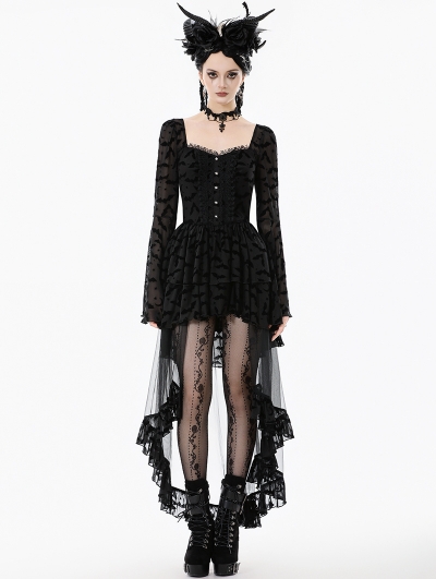 Black Gothic Bat Star Moon Printed High-Low Dress