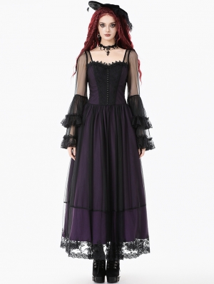 Black and Royal Violet Vintage Gothic Sheer Mesh Long Dress
