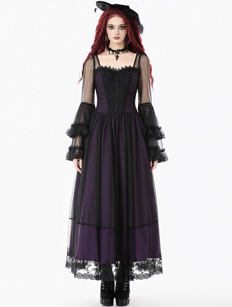 Black and Royal Violet Vintage Gothic Sheer Mesh Long Dress