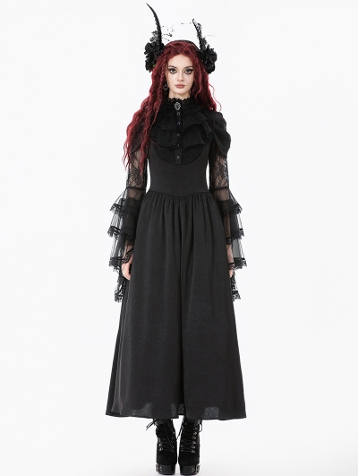 Black Gothic Victorian Ruffled Mesh Flared Sleeve Long Dress
