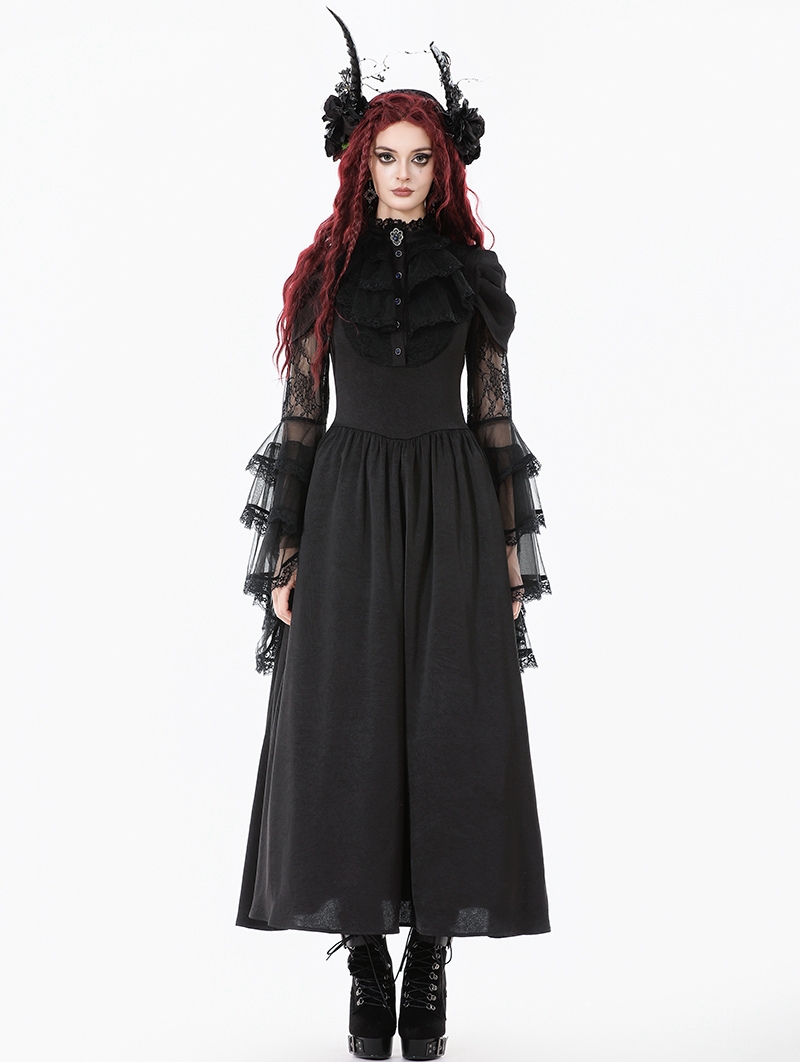 Black Gothic Victorian Ruffled Mesh Flared Sleeve Long Dress