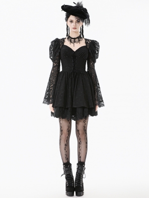 Black Gothic Lace Puff Sleeve Princess Short Dress
