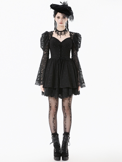 Black Gothic Lace Puff Sleeve Princess Short Dress