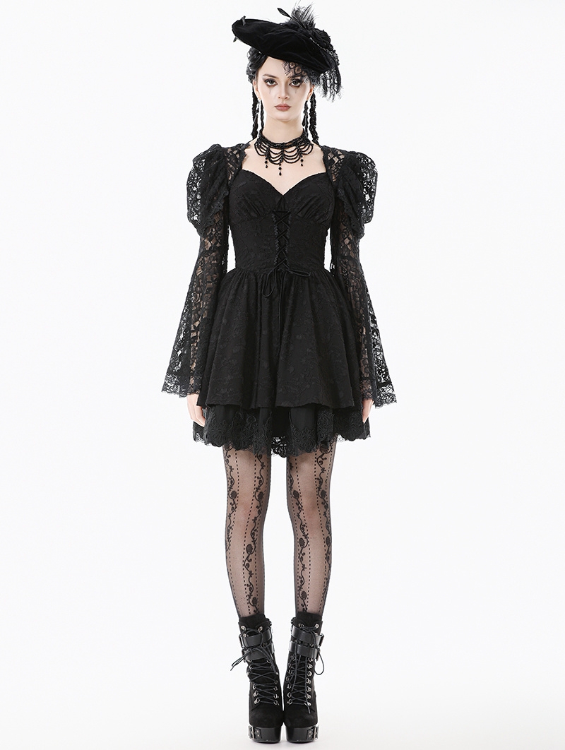 Black Gothic Lace Puff Sleeve Princess Short Dress