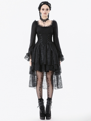 Black Romantic Gothic Lace High-Low Tiered Dress
