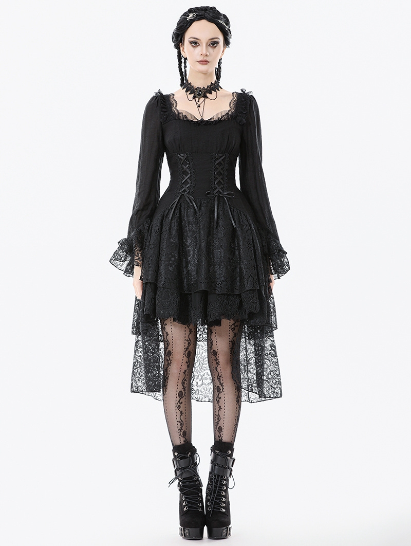 Black Romantic Gothic Lace High-Low Tiered Dress