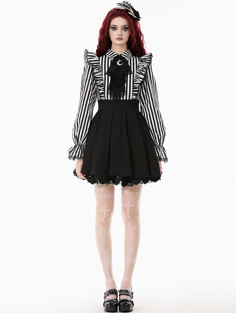 Black and White Lolita Dark Striped Preppy Dress with Detachable Collar