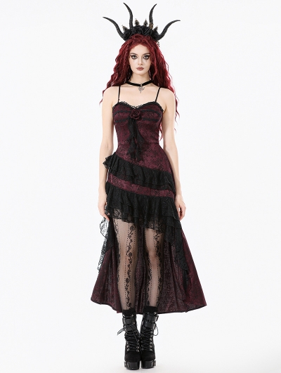 Red Rose Gothic Asymmetric Layered Lace Ruffle Dress