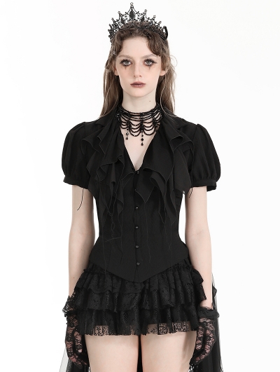 Black Gothic Deep V-neck Ruffle Shirt for Women