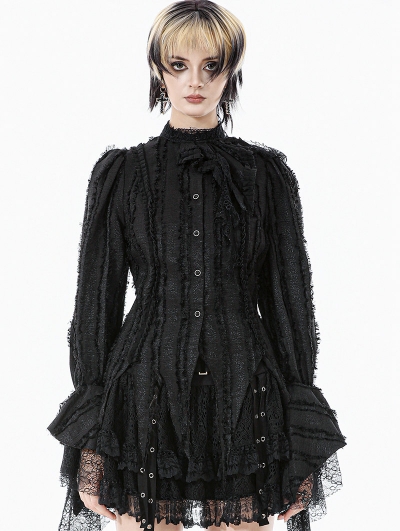 Black Tattered Gothic Lace Trim Shirt for Women