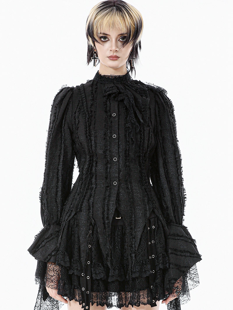 Black Tattered Gothic Lace Trim Shirt for Women