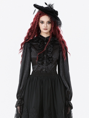 Black Ruffle Gothic Lantern Sleeve Blouse for Women