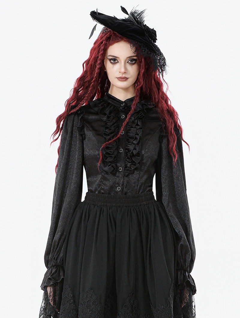 Black Ruffle Gothic Lantern Sleeve Blouse for Women