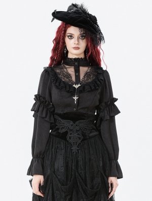 Black Gothic Ruffled Lace Illusion Neck Blouse for Women