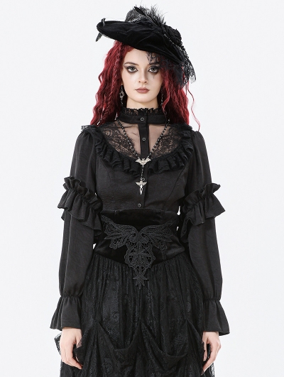 Black Gothic Ruffled Lace Illusion Neck Blouse for Women