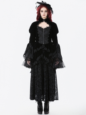 Black Retro Gothic Lace Velvet Tiered High Low Jacket for Women