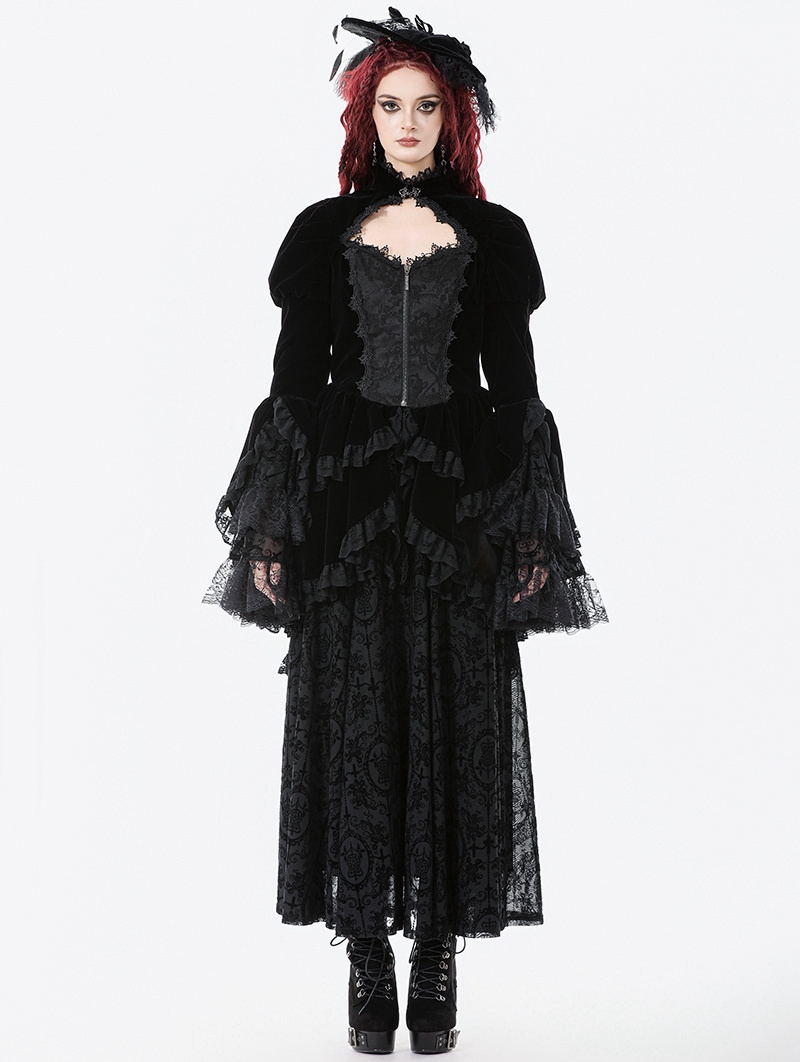 Black Retro Gothic Lace Velvet Tiered High Low Jacket for Women
