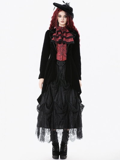 Black and Red Retro Gothic Velvet Faux Two-Piece Tailcoat for Women