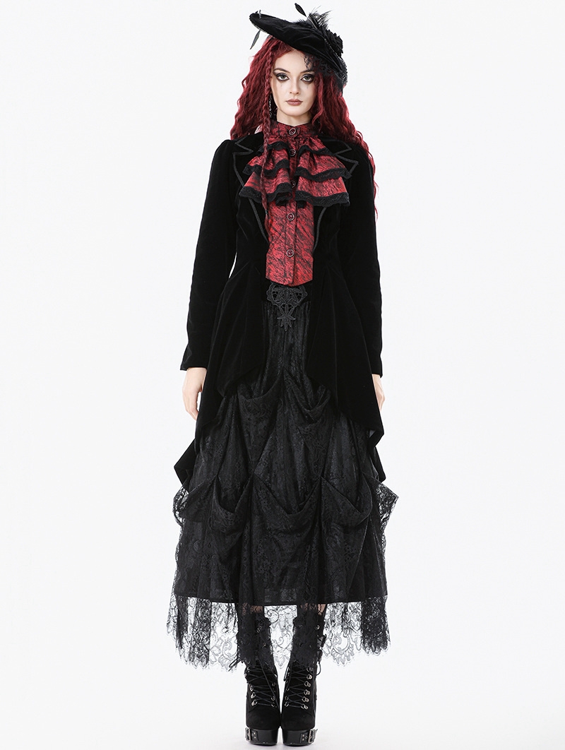 Black and Red Retro Gothic Velvet Faux Two-Piece Tailcoat for Women
