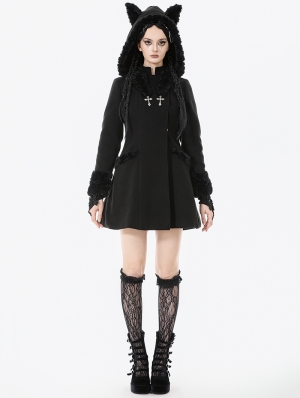 Black Gothic Cute Cat Ear Fuzzy Hoodie Coat for Women