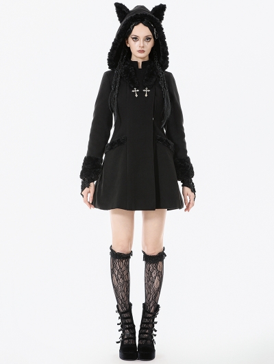 Black Gothic Cute Cat Ear Fuzzy Hoodie Coat for Women