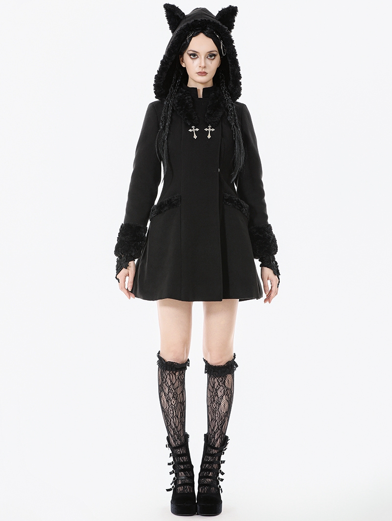 Black Gothic Cute Cat Ear Fuzzy Hoodie Coat for Women