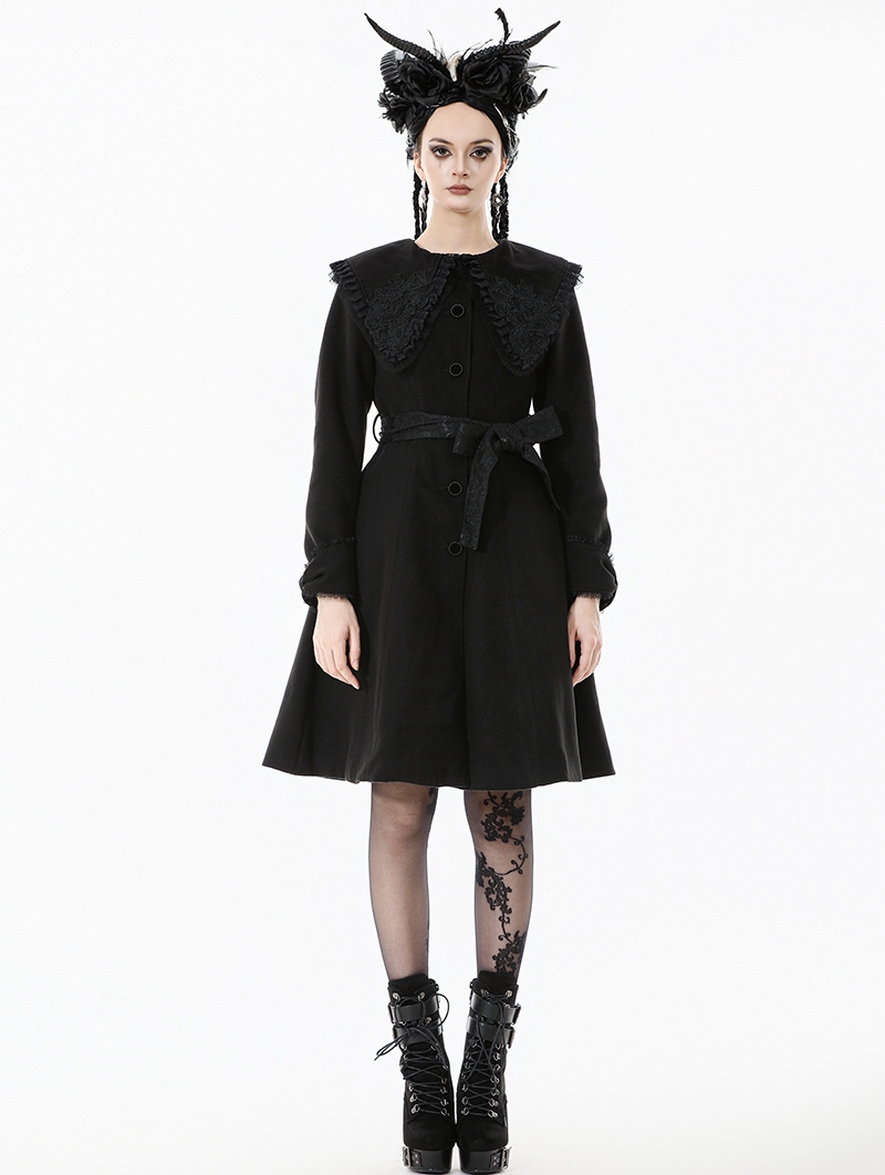 Black Gothic Bowknot Embroidered Warm Coat for Women