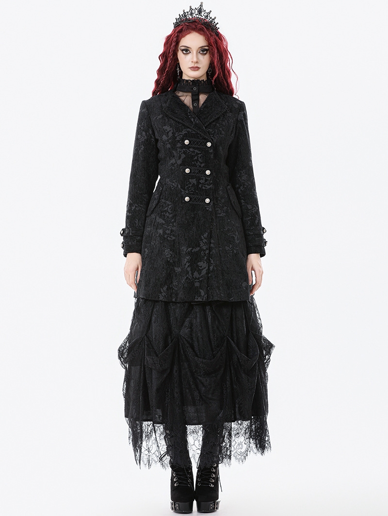 Black Retro Gothic Jacquard Velvet Coat for Women