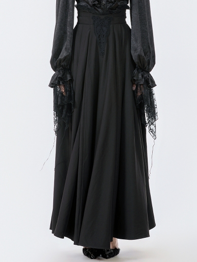 Black Vintage Gothic Lace Applique Pleated Maxi Skirt