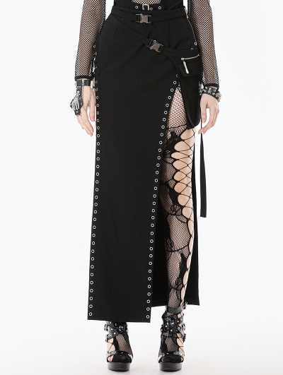 Black Sexy Gothic Punk Buckle Strap High-Slit Long Skirt