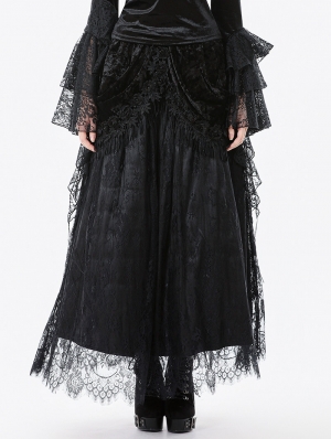 Black Gothic Court Floral Tassel Lace Velvet Maxi Skirt