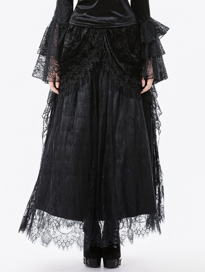 Black Gothic Court Floral Tassel Lace Velvet Maxi Skirt
