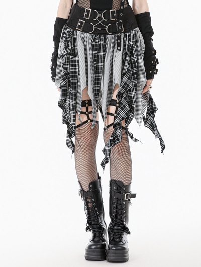 Black and White Plaid Patchwork Locomotive Gothic Punk Skirt