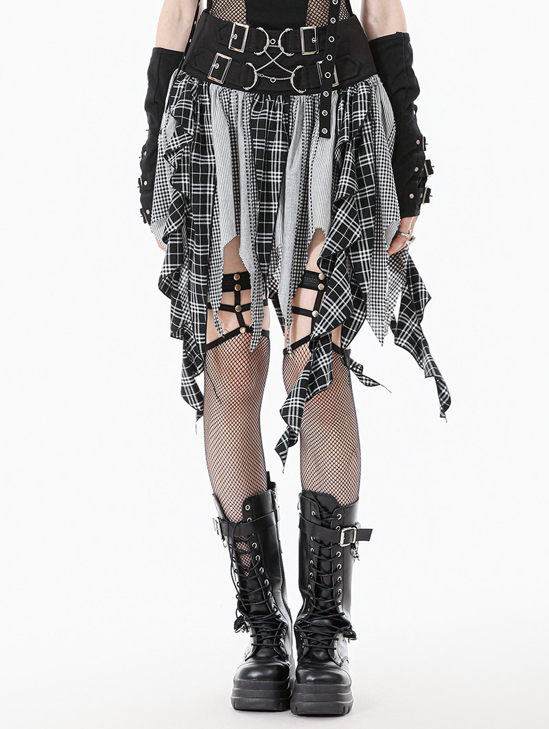 Black and White Plaid Patchwork Locomotive Gothic Punk Skirt