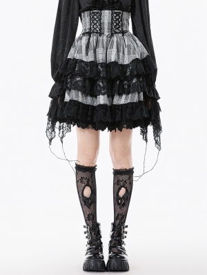 Black and White Gothic Lolita High-Waist Tiered Skirt