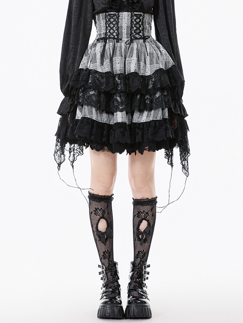 Black and White Gothic Lolita High-Waist Tiered Skirt