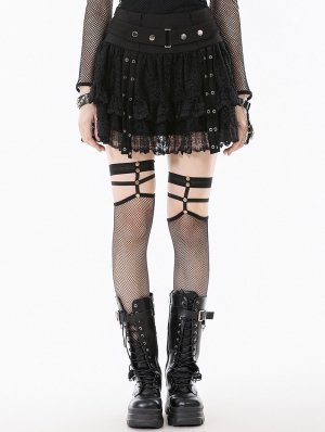 Black Gothic Punk Eyelet Strap Lace Mini Skirt