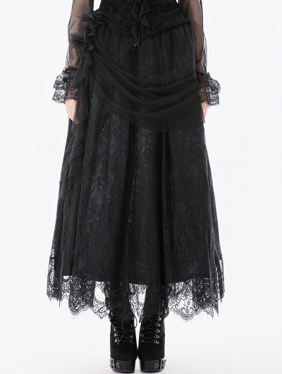 Black Gothic Retro Lace Floral Pleated Tulle Maxi Skirt