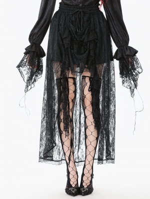 Black Gothic Retro Floral Mesh Lace High-Low Skirt