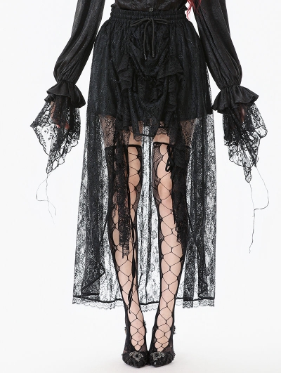 Black Gothic Retro Floral Mesh Lace High-Low Skirt